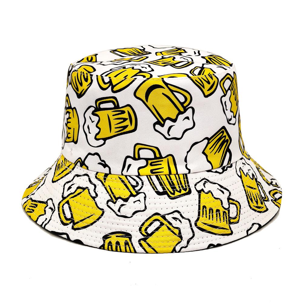 Cartoon Bier Emmerhoed Bier Print Patroon Vissershoeden Dubbelzijdig Polyester Panama Pet Unisex Buiten Strand Nieuw
