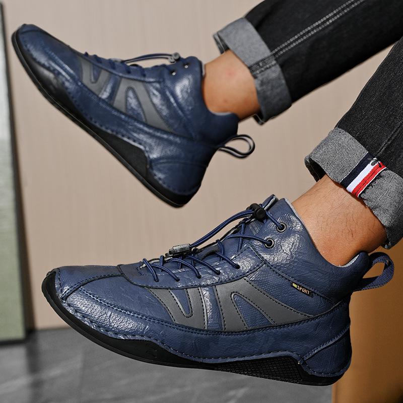 Men's High-Top Autumn Casual Leather Shoes - Genuine Leather, Soft Sole, Work Boots, Outdoor, Plus Velvet Cotton Lining