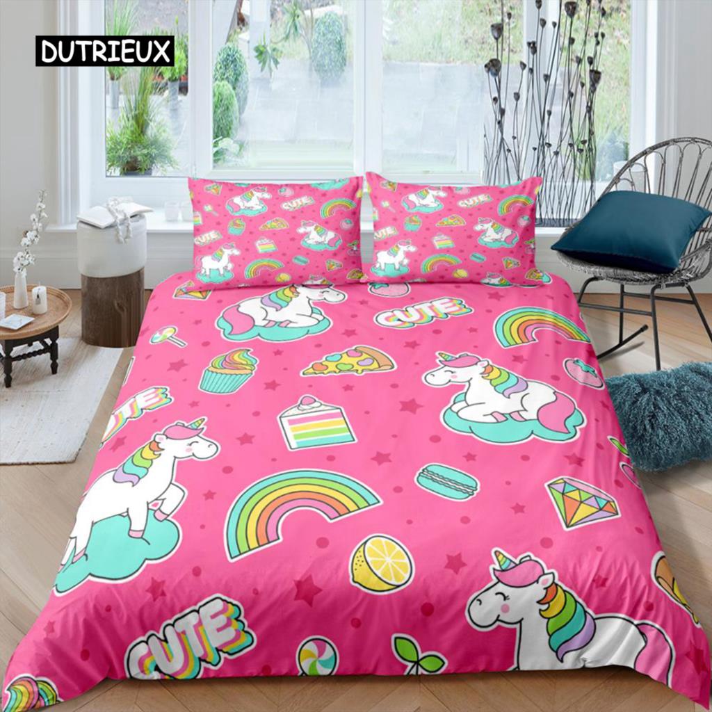 Duvet Cover Pink Rainbow Unicorn Comforter Cover Set for Women Girls Kid Baby Birthday Bedroom Decoration Lovely Cartoon Animal