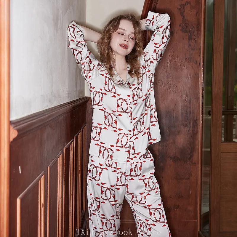 Comfortable Ice Silk Pajamas Women's Lapel Spring and Summer Long Sleeve Home Clothes