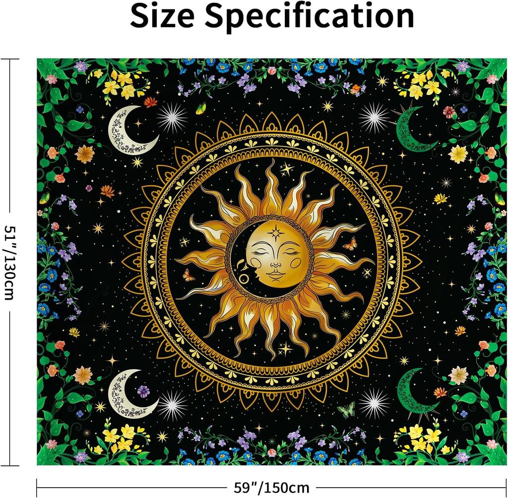 Boho Mandala Nature Tapestries Bedroom Decor,Sun and Moon Celestial Starry Night Poster,Mandala flowers tapestry wall hanging