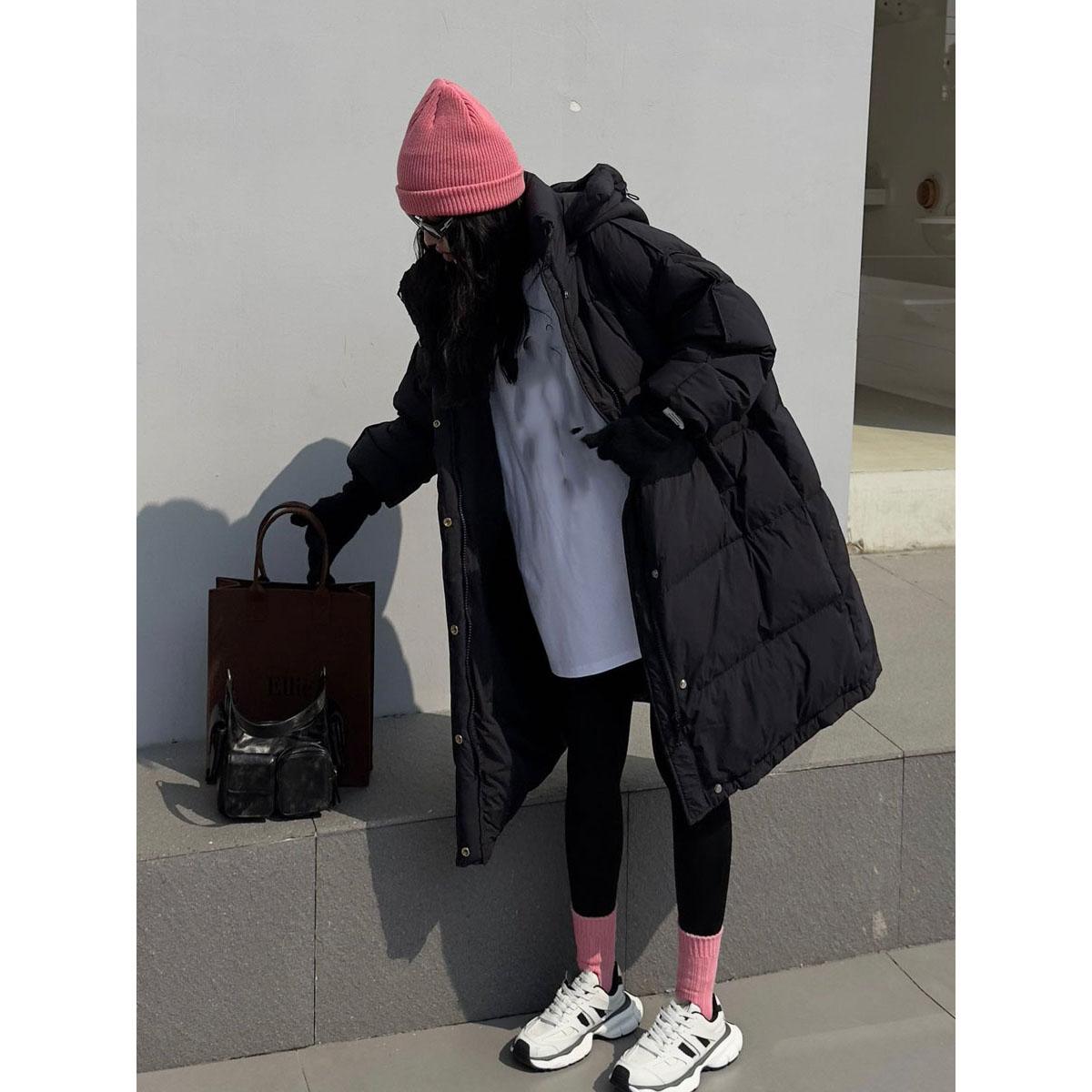 

Утолщенная зимняя куртка-пуховик для женщин, средняя длина, свободное повседневное пальто, теплая куртка до колена XS чёрный