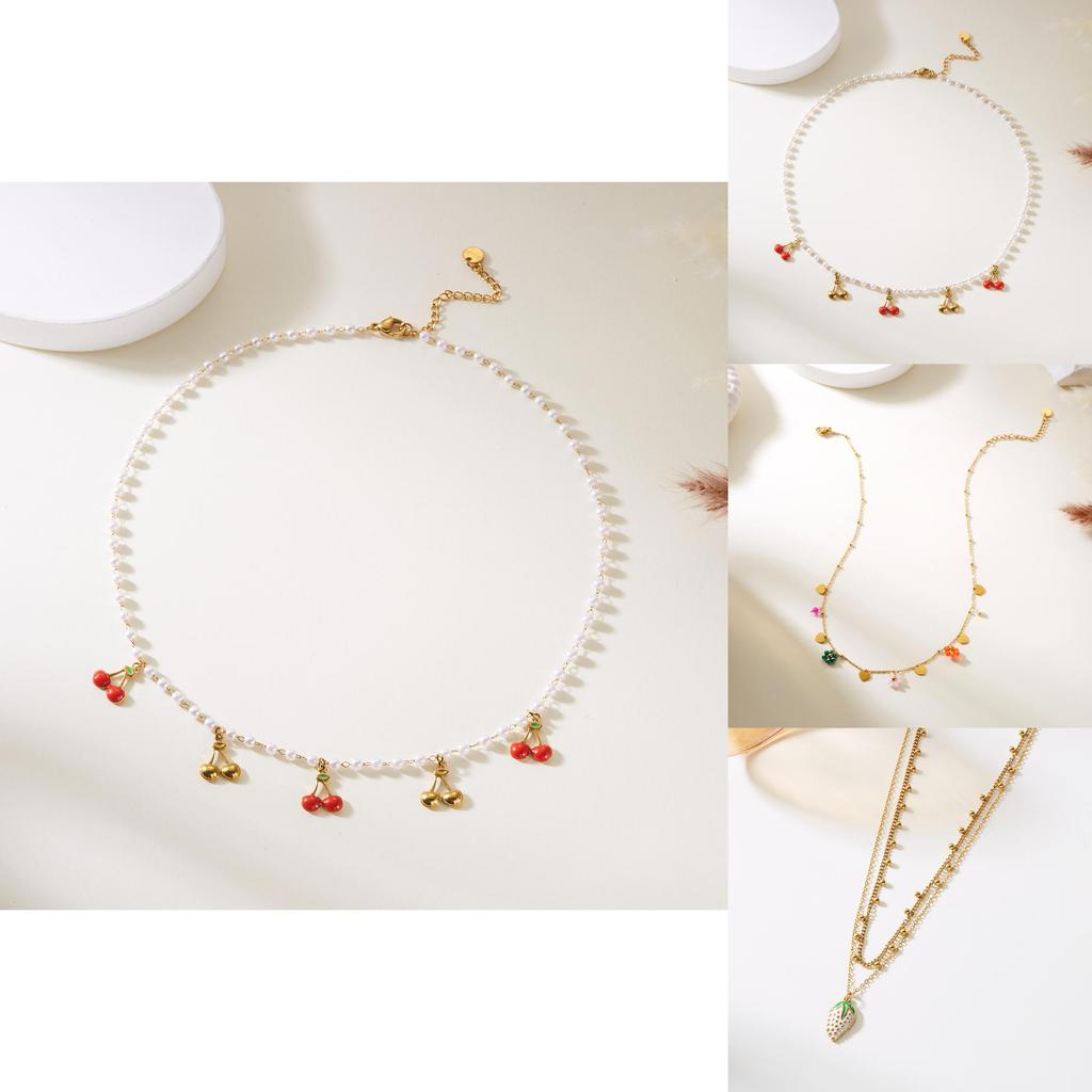 Strawberry Cherry Water Crystal Pendant Necklace Pack With Multilayer Stainless Steel Chain For Summer Wear
