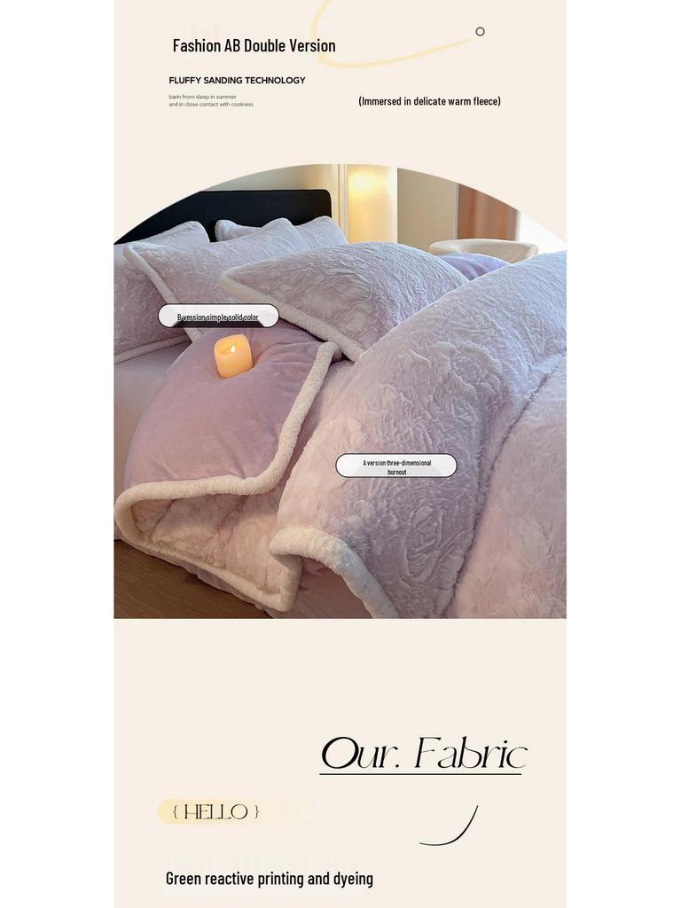 Luxurious 3D Rabbit Fur Trimmed Bedding Set: Includes Thick Warm Bed & Fitted Sheets - Minimalist Style