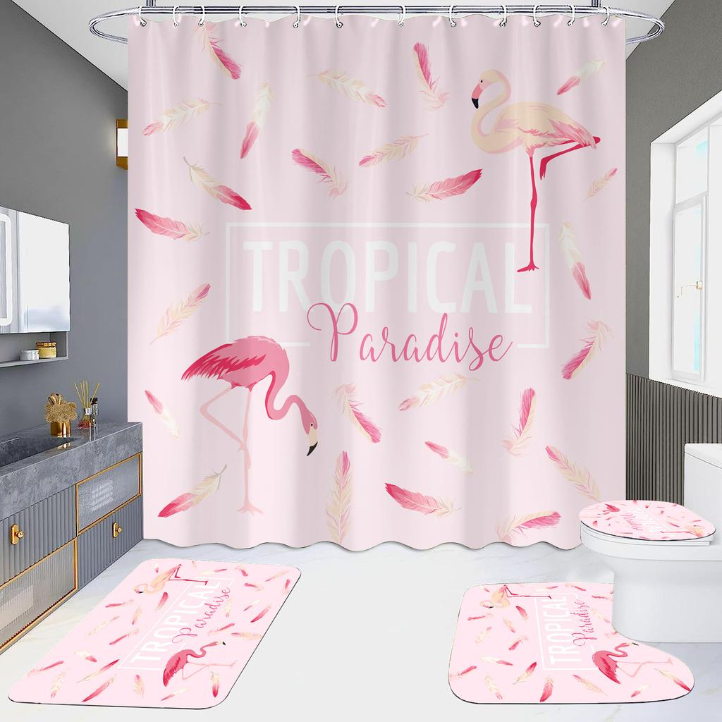 Pink Flamingo Printing Shower Curtain Set For Bathroom Non Slip Lovebird Bath Mat And Curtain Set Bath Rug Toilet Carpet