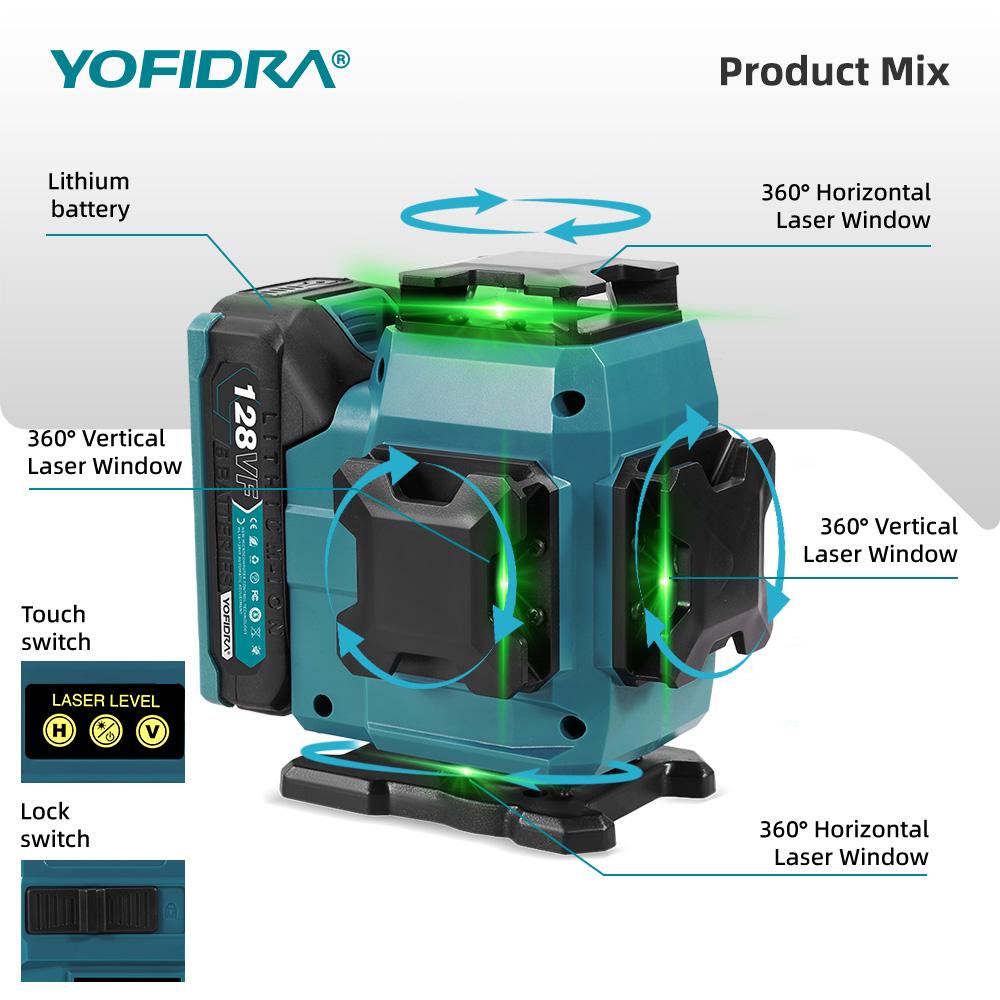 Yofidra 16 Lines 4D Laser Level Automatic 360 Horizontal Vertical Self-leveling Ultra Powerful Green Beam For 18V Battery