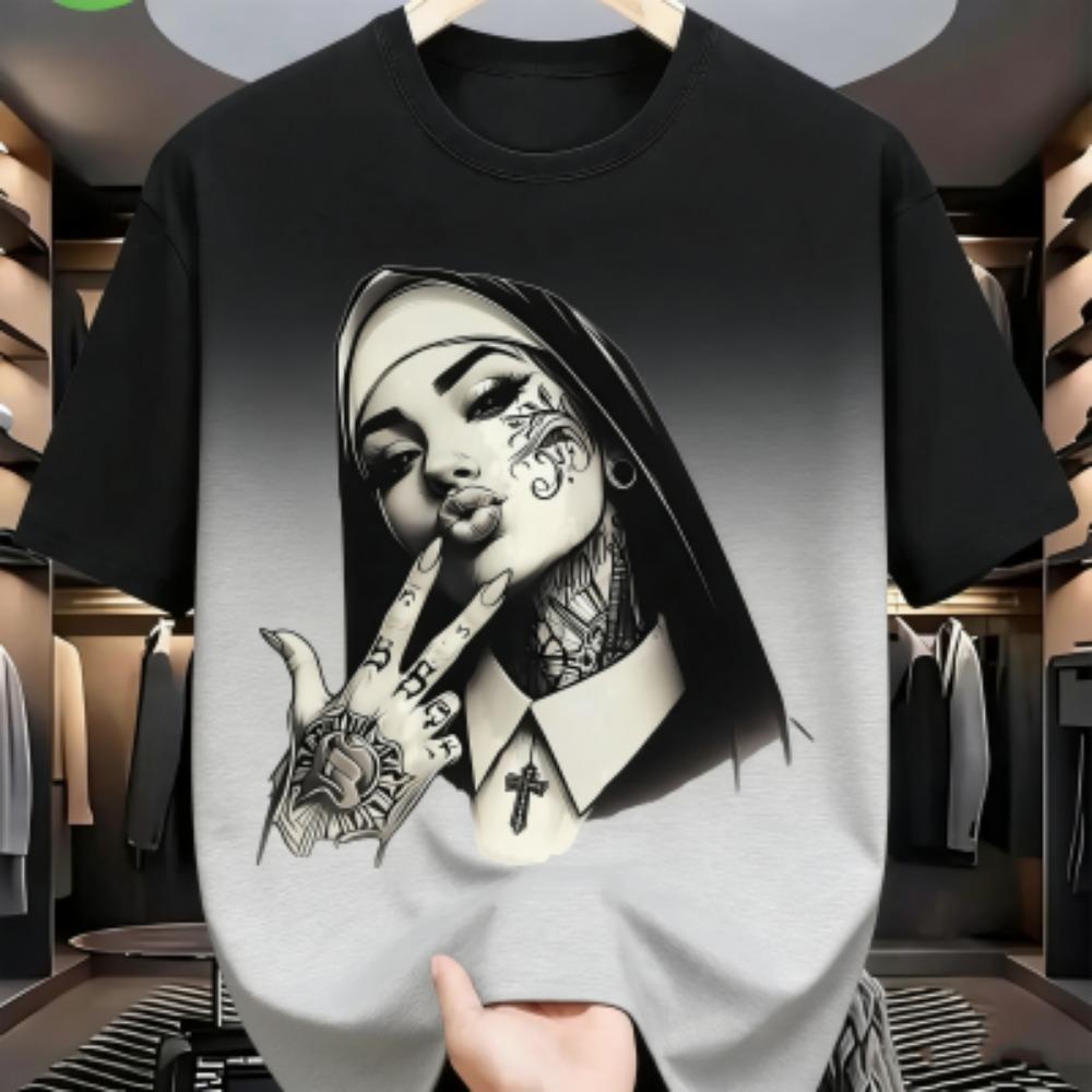 Tattooed Nun Graphic Print Men's T-shirt Summer Fashion Casual Loose Short Sleeves Men's and Women's Tees Top