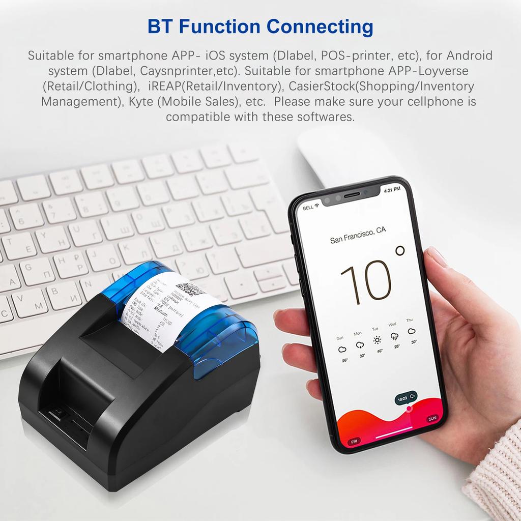 USB BT Wireless Printer Barcode Logo Printing with 1 Roll Paper 58mm Thermal Receipt Printer Desktop for Sales Retail Shop