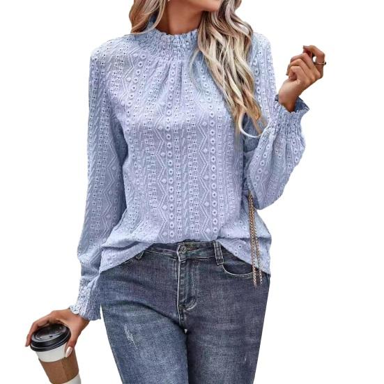 

Women Shirt Puff Long Sleeve Stand-Up Collar Soft Stretchy Pullover Tops Hollow Design L