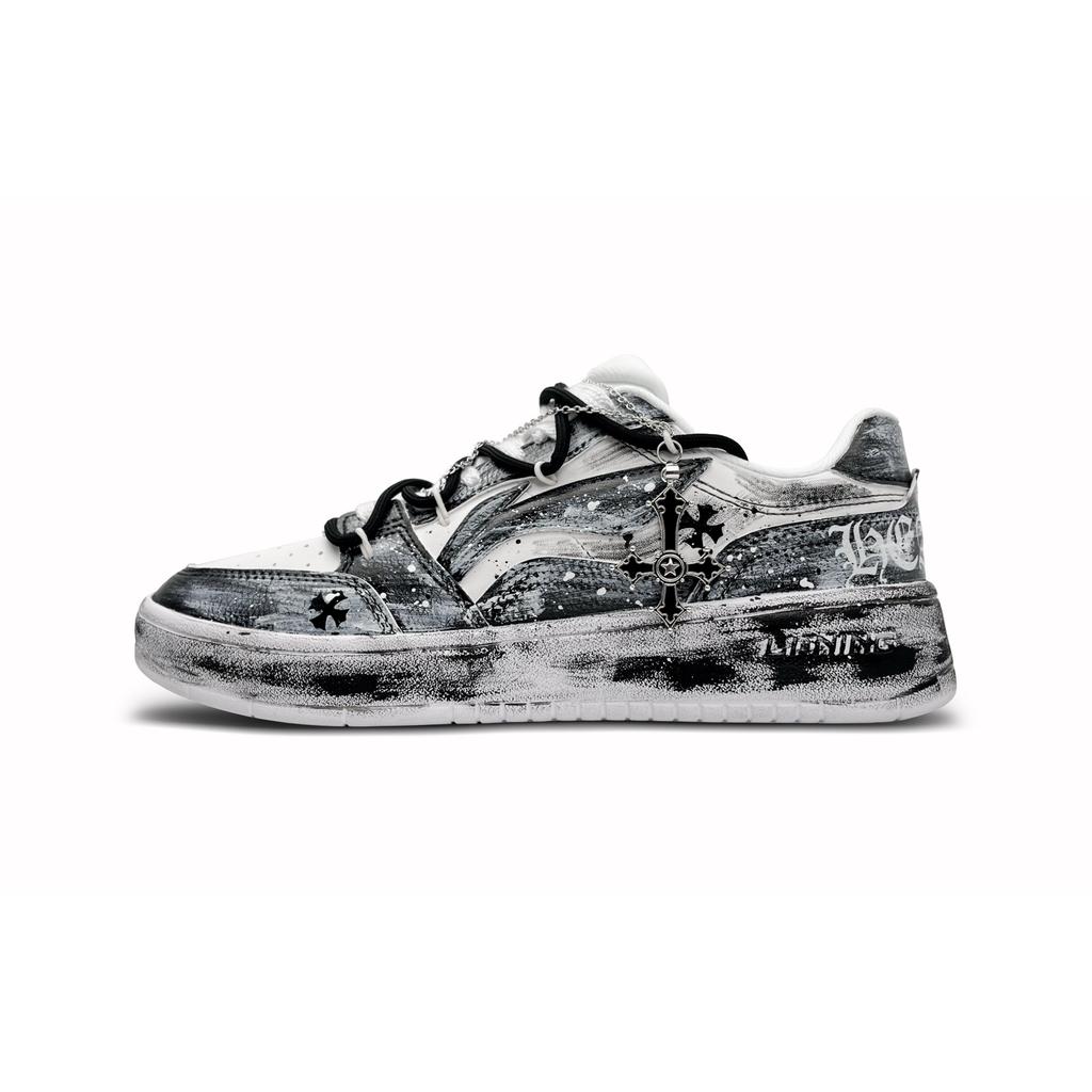 Li Ning Sycee Slip Resistant Cushioning Abrasion Resistant Low top Skateboard Shoes Men's White Black Gray AGCT339-6(Team87-)