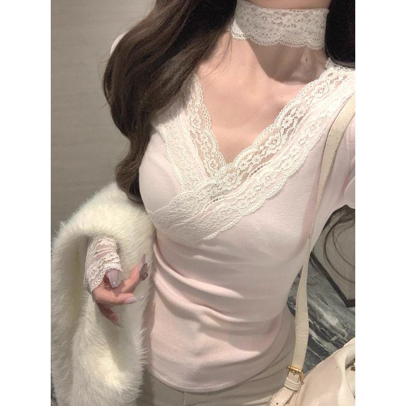 Kumikumi Pure Desire Wind Lace Stitching Sexy Temperament Long Sleeve T-shirt Female Fall Slim Fit Slim Fit Versatile Top