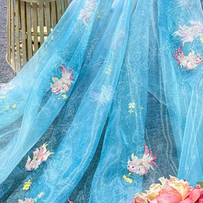 Printing Silk Chiffon Fabric Koi Carp Embroidery Fabric Tulle Handmade DIY Chinese Ancient Hanfu Stage Dance Dress Wedding Decor