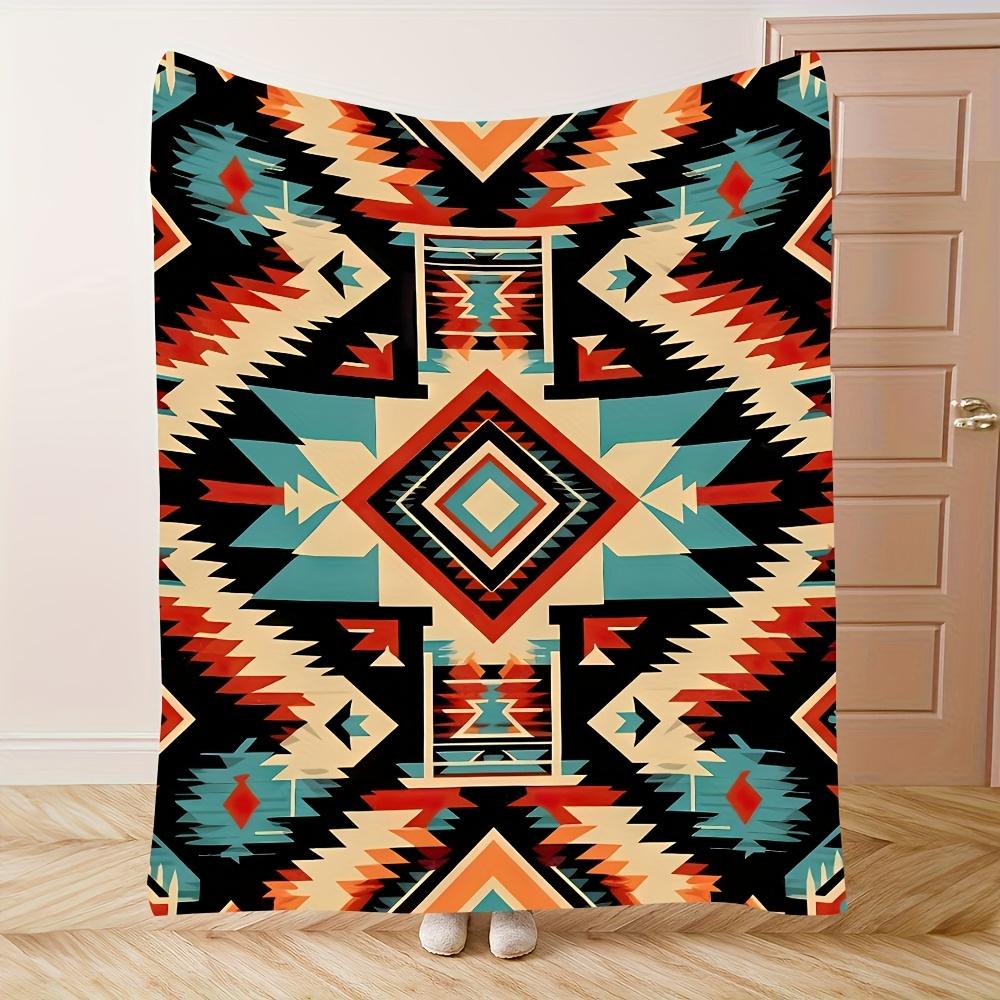 Bohemian Style Geometric Flannel Blanket – Soft, Warm, and Vibrant Aztec-Inspired Design in Orange, Red, Black, and White