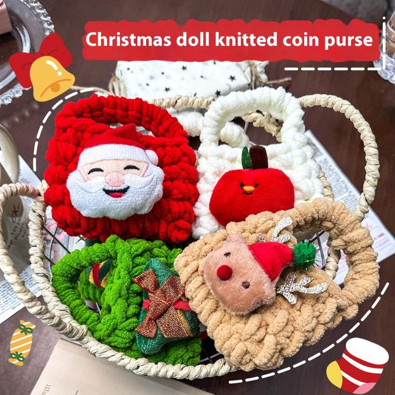 Cute Cartoon Christmas Woven Wallet Plush Purse Santa Claus Key Pendant Bag Earphone Bag Storage Bag Christmas Change Purse