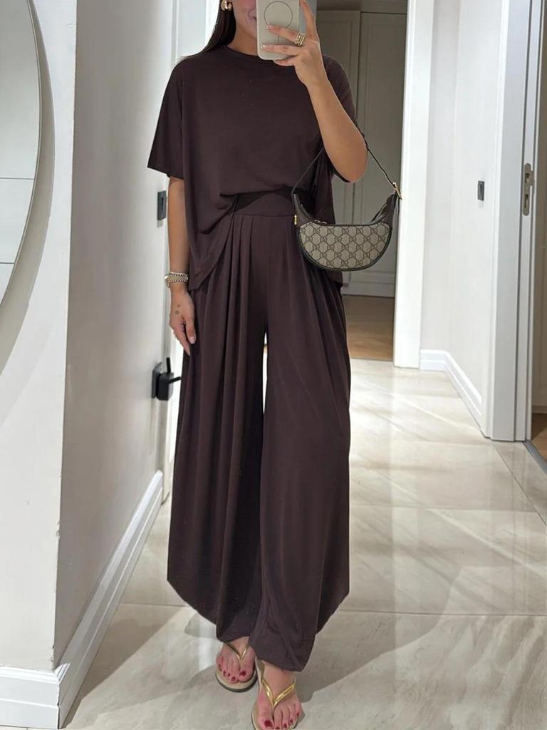 European & American Crew Neck Short Sleeve Top with Loose Comfortable Wide-Leg Pants Set