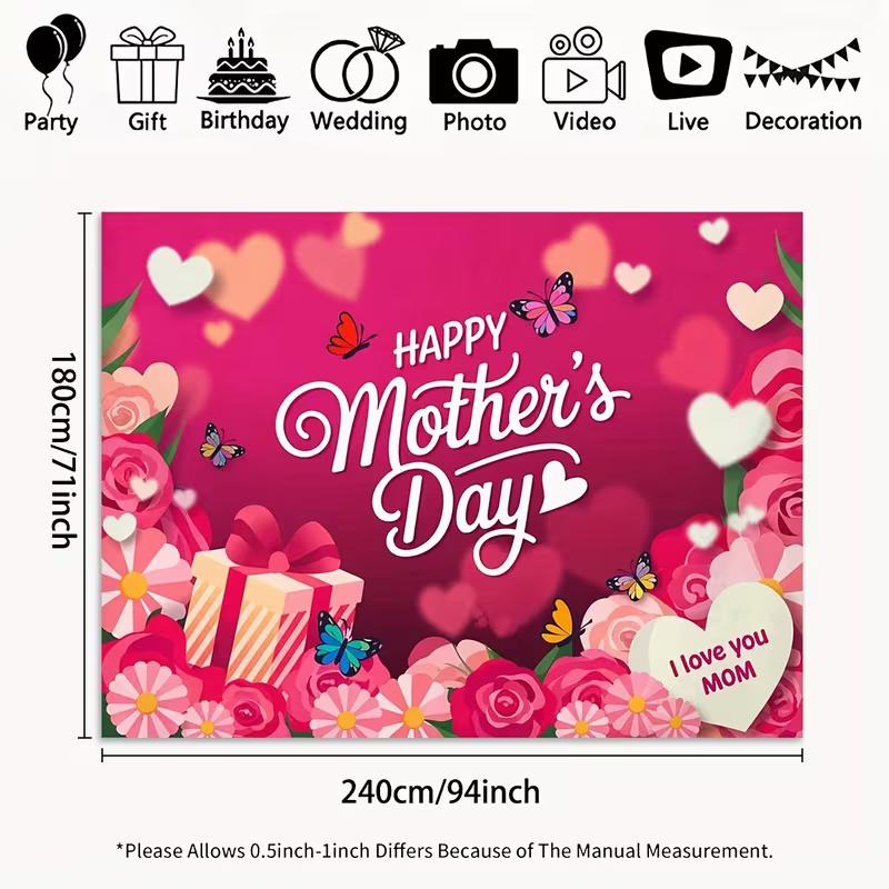 2D Romantic Mother's Day Backdrop Pink Heart and Flower Butterfly Decoration for Photo Booth