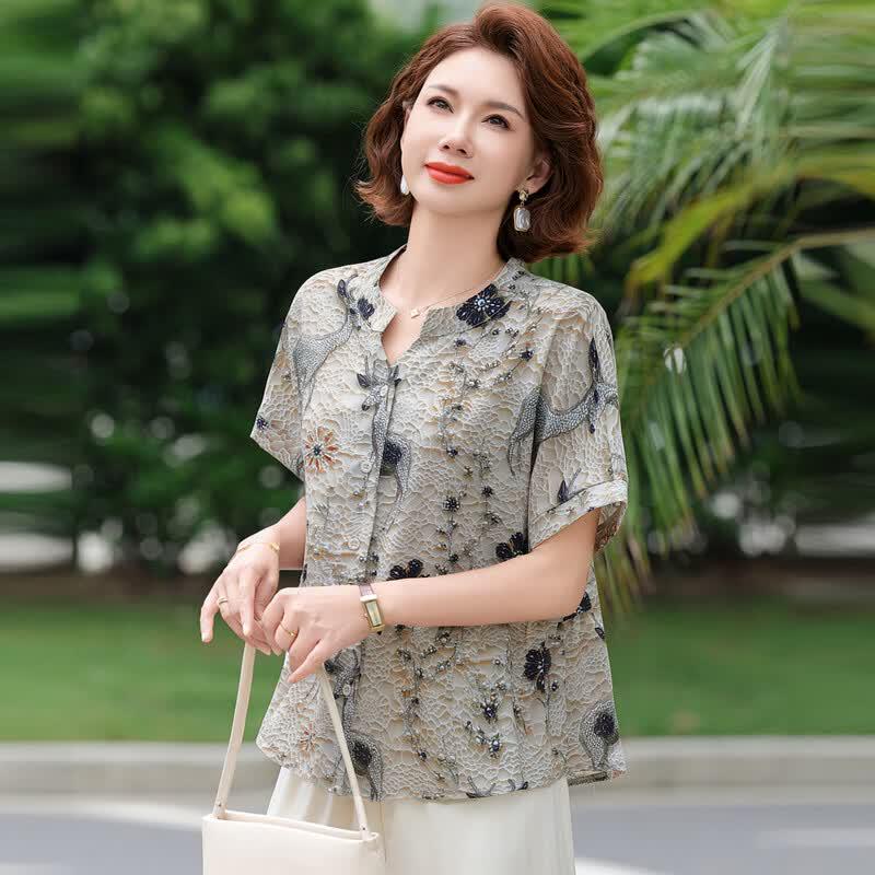 ROMON Women's Elegant V-Neck Short Sleeve Summer Top