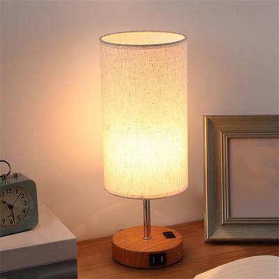 Lampă de masă USB Lampă de noptieră din lemn Lampă de noptieră Lampă de birou cu abajur cilindric Lampă de masă caldă Decor acasă