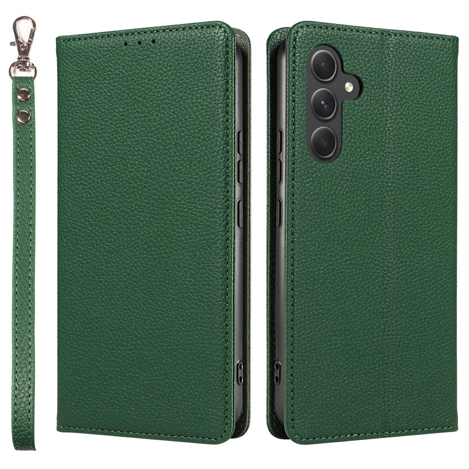 

Для Samsung Galaxy A26 5G Чехол Магнитный Кошелек с Текстурой Личи Кожаный Чехол для Телефона с Ремешком на Запястье Green