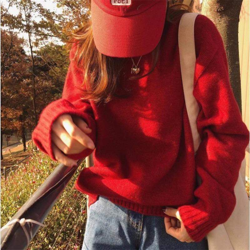 Cherry Red Raccoon Fleece Sweater Women's Autumn and Winter Loose Lazy Style Retro Pullover with Knitted Bottoming Shirt