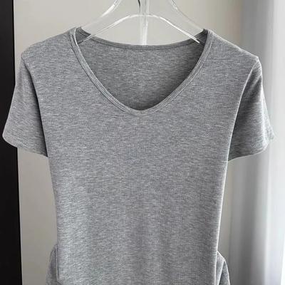 Damen Graues Geripptes V-Ausschnitt Kurzarm Freizeit-T-Shirt