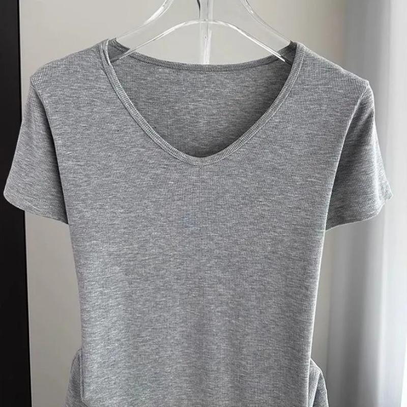 Women Gray Ribbed V Neck Short Sleeve Casual T Shirt S серый