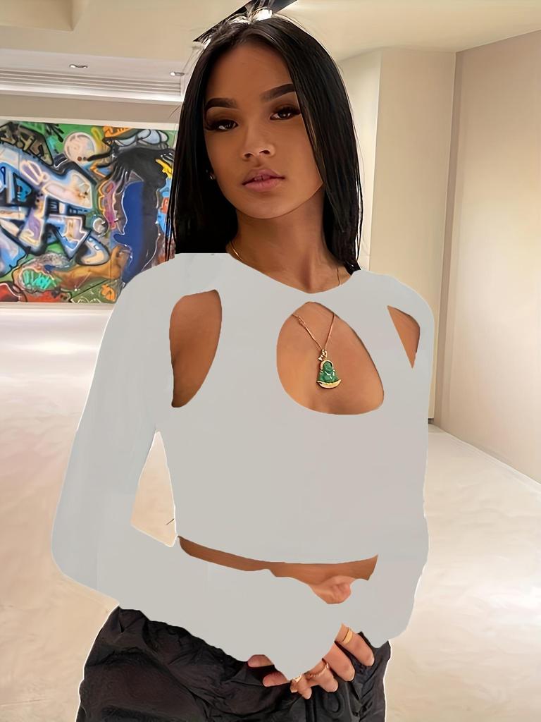 Spring/Summer Streetwear Solid Color Round Neck Long Sleeve Hollow Out Cropped T-shirt
