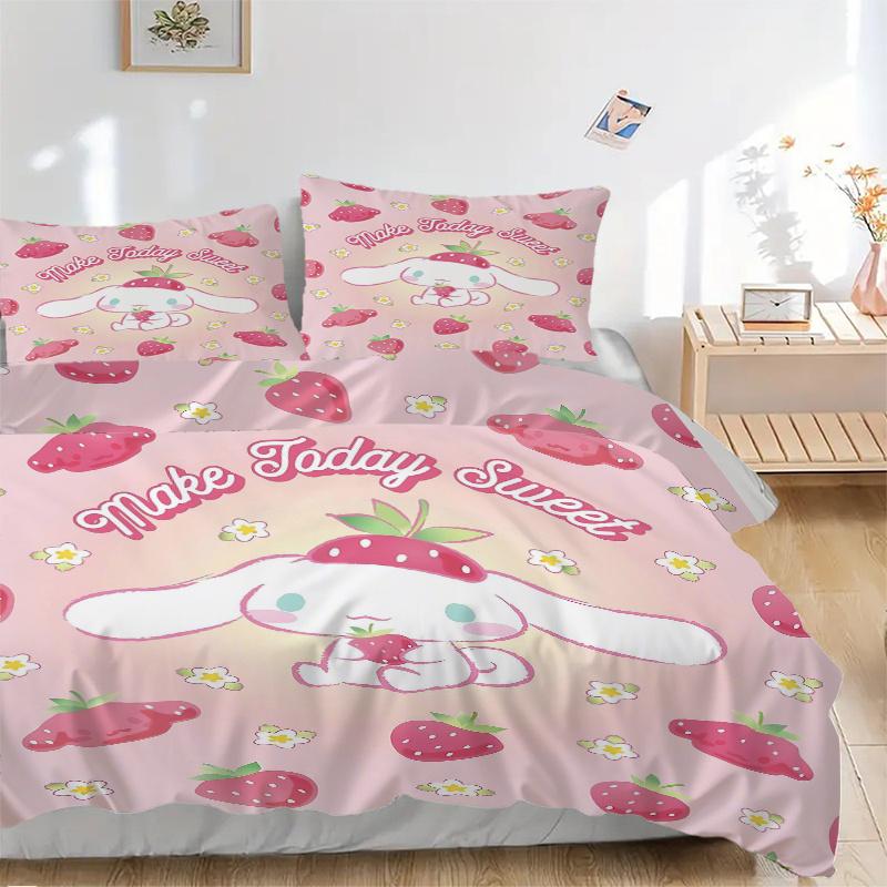 

3pcs Cute Strawberry Cinnamoroll Bedding Set, Including 1 Quilt Cover and 2 Pillow Shams, Without Filling, Soft and Comfortable Home Bedroom 135x200cm