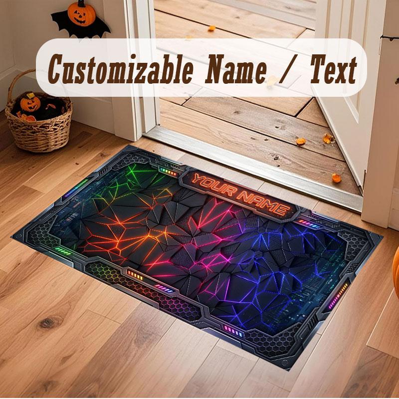City Cyberpunk Theme Crystal Velvet Floor Rug Personalized Custom Name Text Warm Carpet Home Decoration