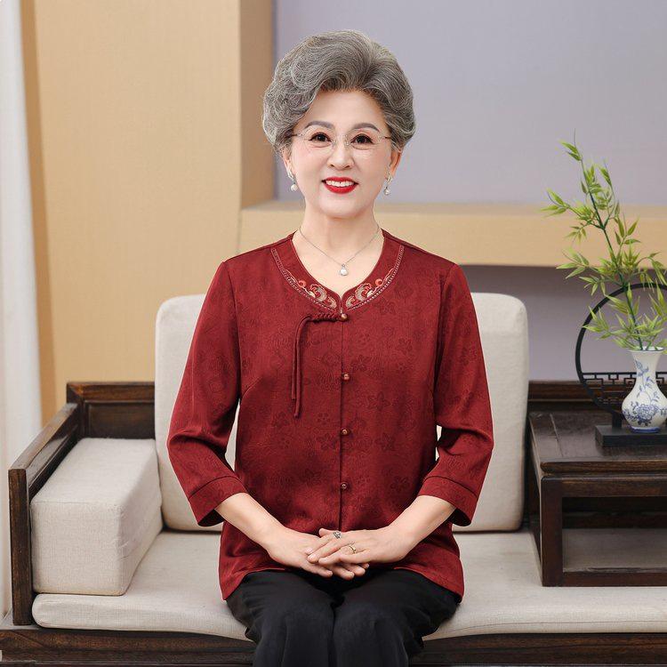 Stylish Ice Silk Short-Sleeve T-Shirt for Middle-aged and Elderly Women