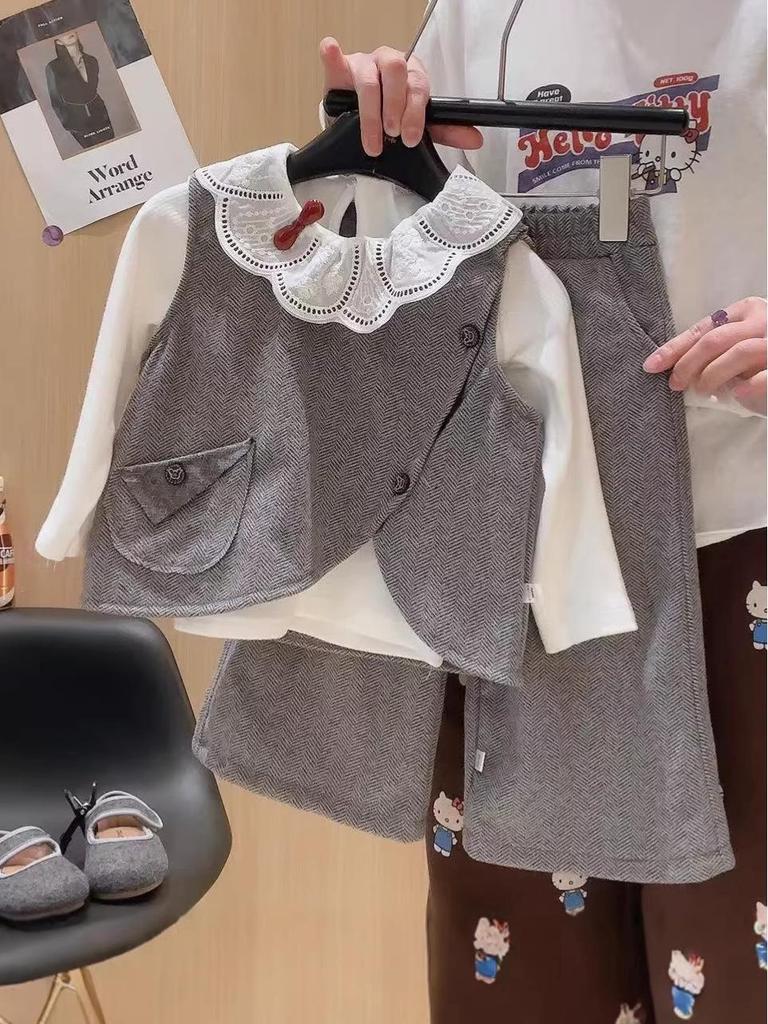 Girl's Korean Chic Tweed Vest Three-Piece Set for Spring/Autumn 2026