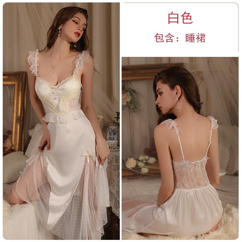Women's Satin Lace Sheer Polka Dot Mesh Padded Princess Style Cami Sleep Dress