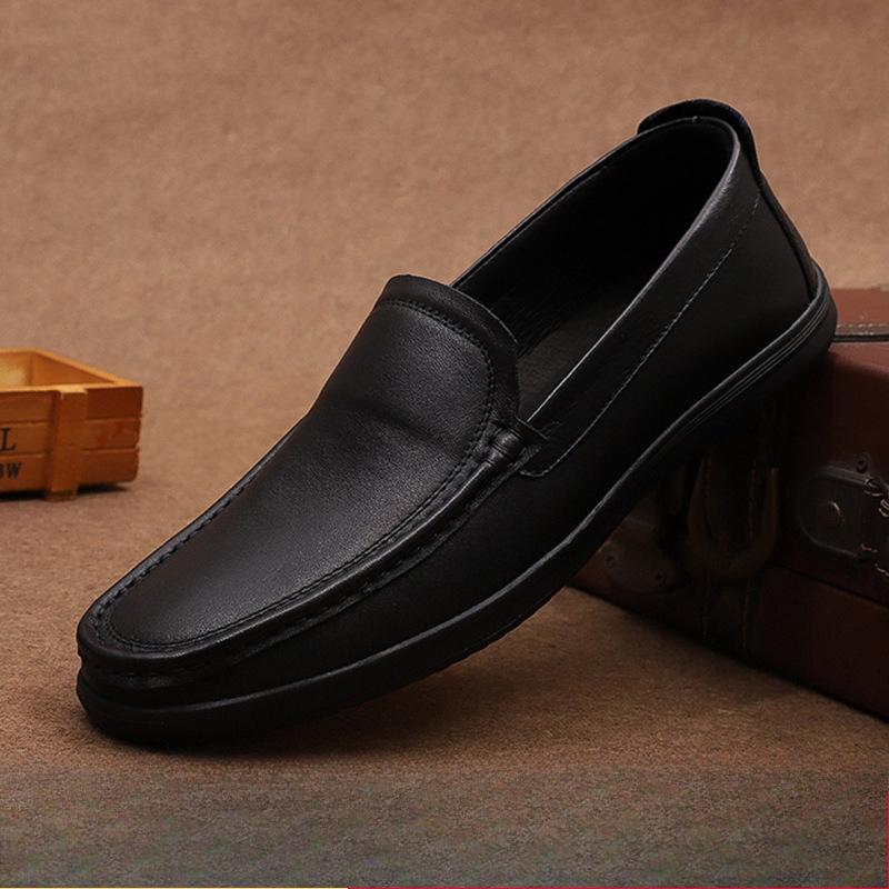 Spring and Summer New Low Cut Black Flat Heel Casual Single Shoes with Round Toe and Layered Cowhide for Business and Casual Men's Leather Shoes
