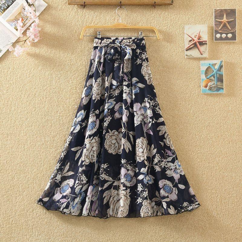 Floral Chiffon Floral Long Skirt Summer High Waist Loose A-line Skirt Half-length Skirt Female Summer Mid-length Skirt Fabric Light and Breathable
