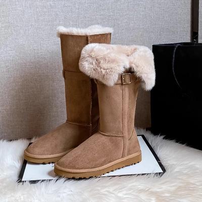 Modische Winter-Schneestiefel für Damen, modische Stiefel aus Kuhwildleder, flach, mittelhohe Stiefel für Damen, Plateauschuhe, Outdoor, warm halten, lässige Damenstiefel