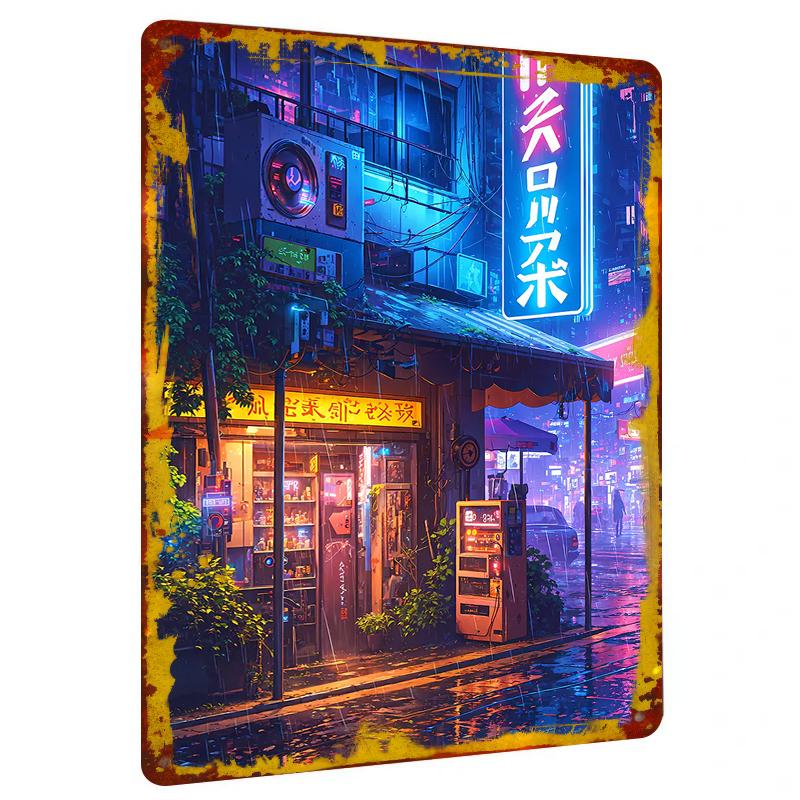 

Cyberpunk Neon Rainy Night Street Corner Metal Wall Art Bar Decorative Painting for 20x30cm（7.8x11.8inch）