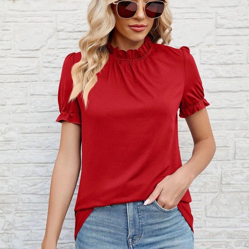 

2024 весна-лето плиссированные кружевные футболки с воротником-стойкой пышные женские футболки с короткими рукавами свободные повседневные простые футболки 30562 XXL красный