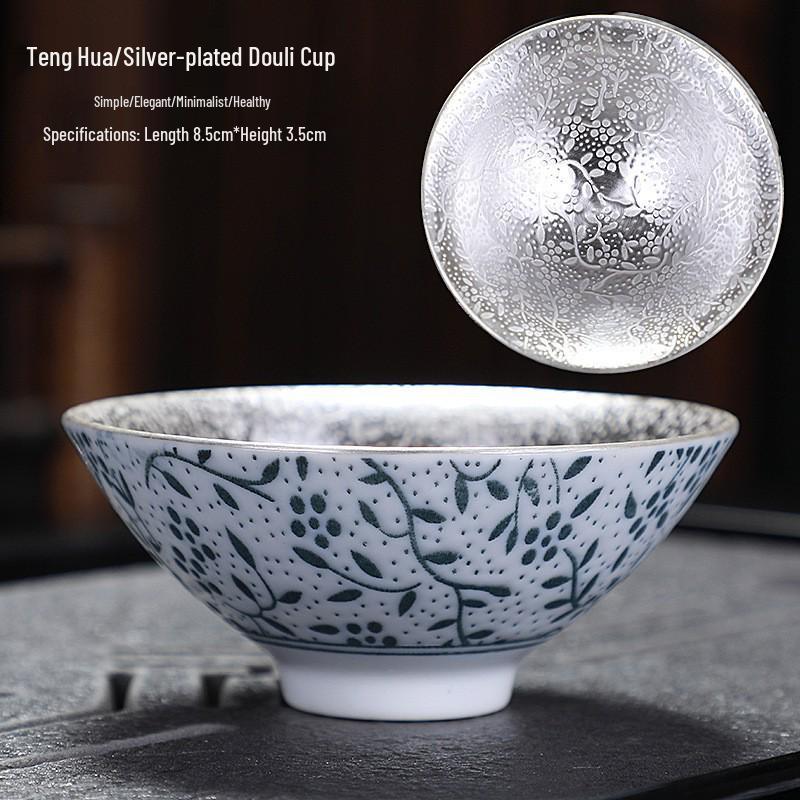 Handmade 999 Sterling Silver Gilded Jianzhan Tea Cup with Inlaid Blue and White Mushroom Cap Design for Kung Fu Tea Set.