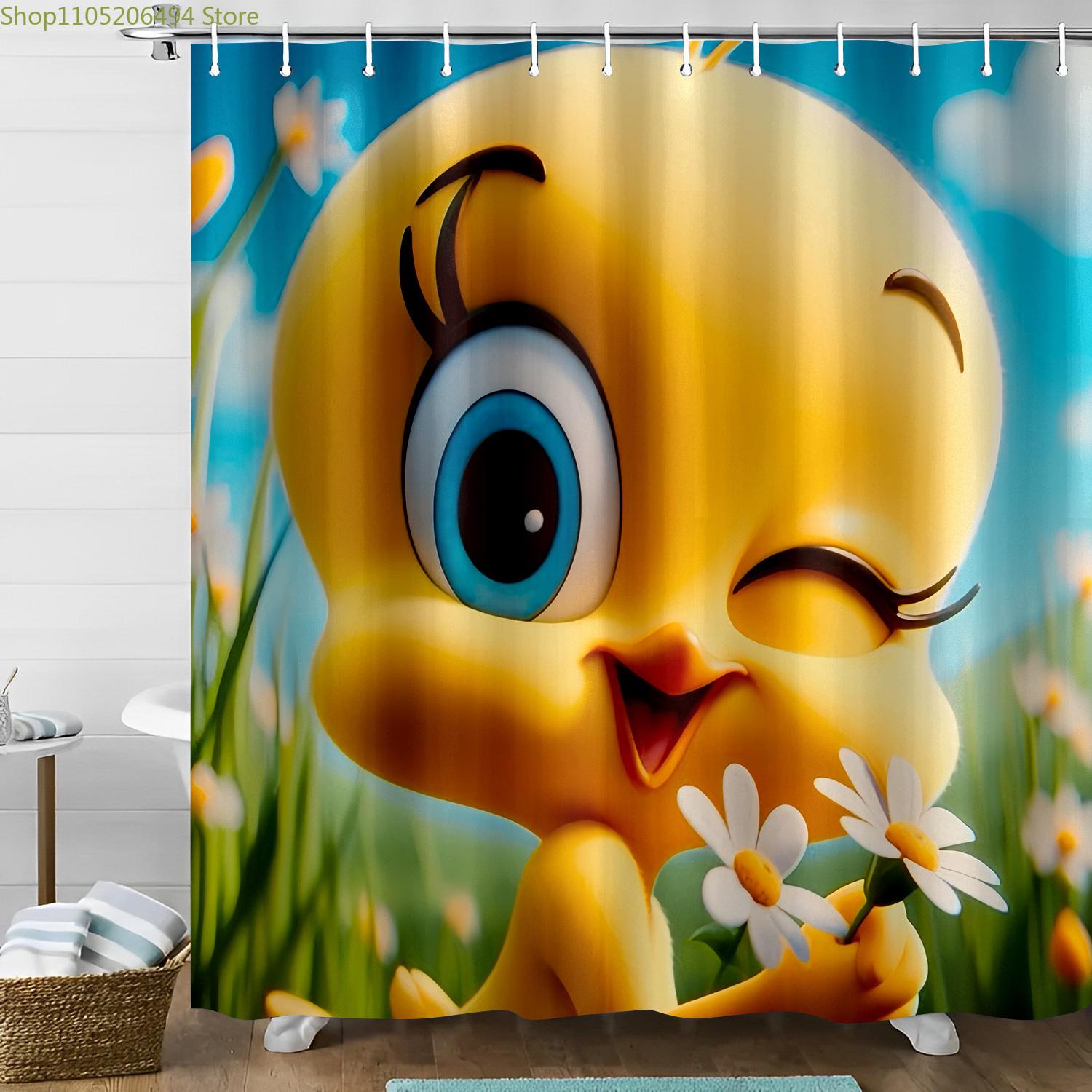 Warner Bros. Tweety Bird Valentine S Day Shower Curtain | Cute Cartoon Canary with Daisies Print, Polyester Fabric, Fun Bathro 90x180cm