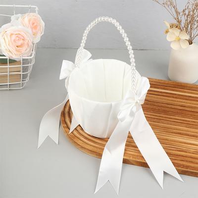 Westlicher Stil Hochzeit Perlen Griff Blumenkorb Schleife Satin Weiß Westlich Rustikal Schleife Hochzeit Blumenkorb Für Blütenblätter