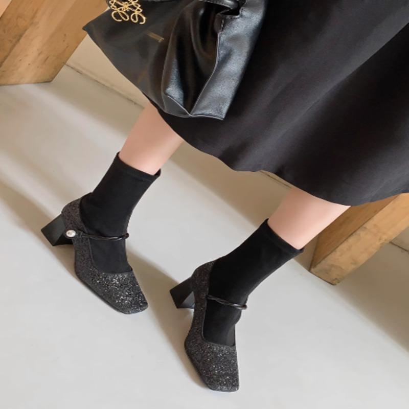 Fashion Women's Chunky Single Shoes Fall New Square Head Shallow Mouth Sequin Cloth One Line Buckle Soft Sole Non-slip Low Top Shoes