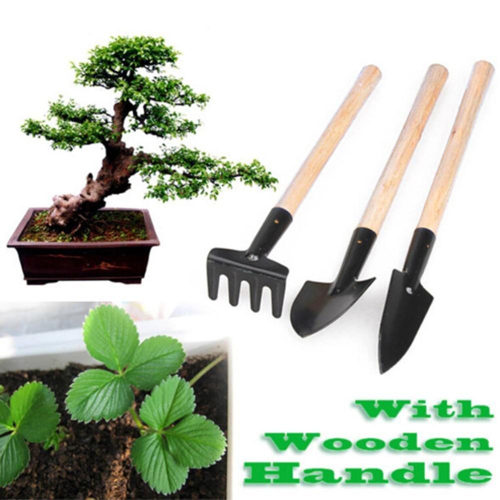 3pcs Mini Portable Gardening Tool Metal Head Shovel Rake Spade Garden Plant Wooden Handle Tool Set