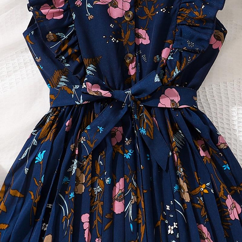 Girls' Dress Children's Clothing Summer Suspender Retro Printed Temperament Pleated Dress