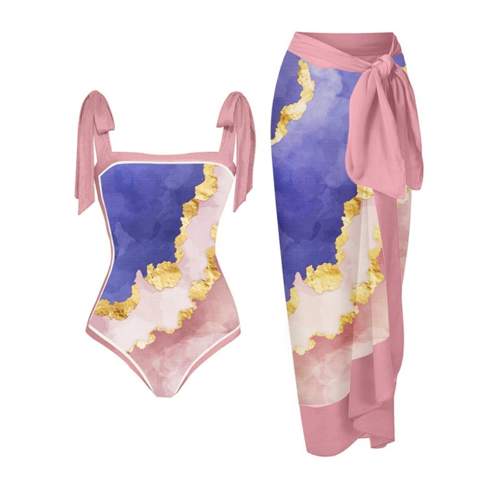 New One-piece Swimsuit Multi-color Printed Hip-wrapped Gauze Skirt Anti-light Two-piece Sunscreen Swimsuit