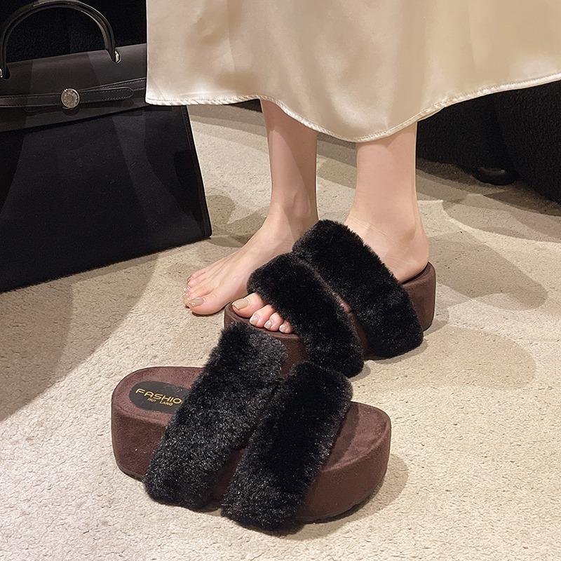 Fashion 2025 Autumn Women's Slippers Platform High Heel Round Toe One-Line Cotton Fleece Comfortable Indoor/Outdoor Fashion Shoes Ladies