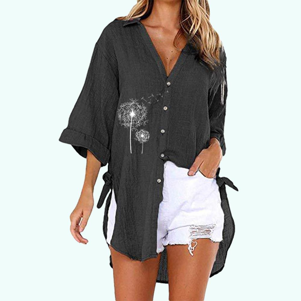 

Женские модные блузки с цветочным принтом больших размеров, летняя и осенняя повседневная футболка с коротким рукавом, женская свободная длинная рубашка на пуговицах с V-образным воротником