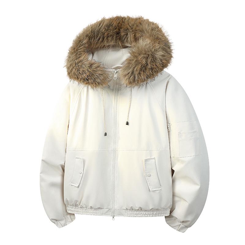 Winter Cotton Hooded Jacket with Removable Fur Collar - Windproof, Warm, and Lightweight for Couples