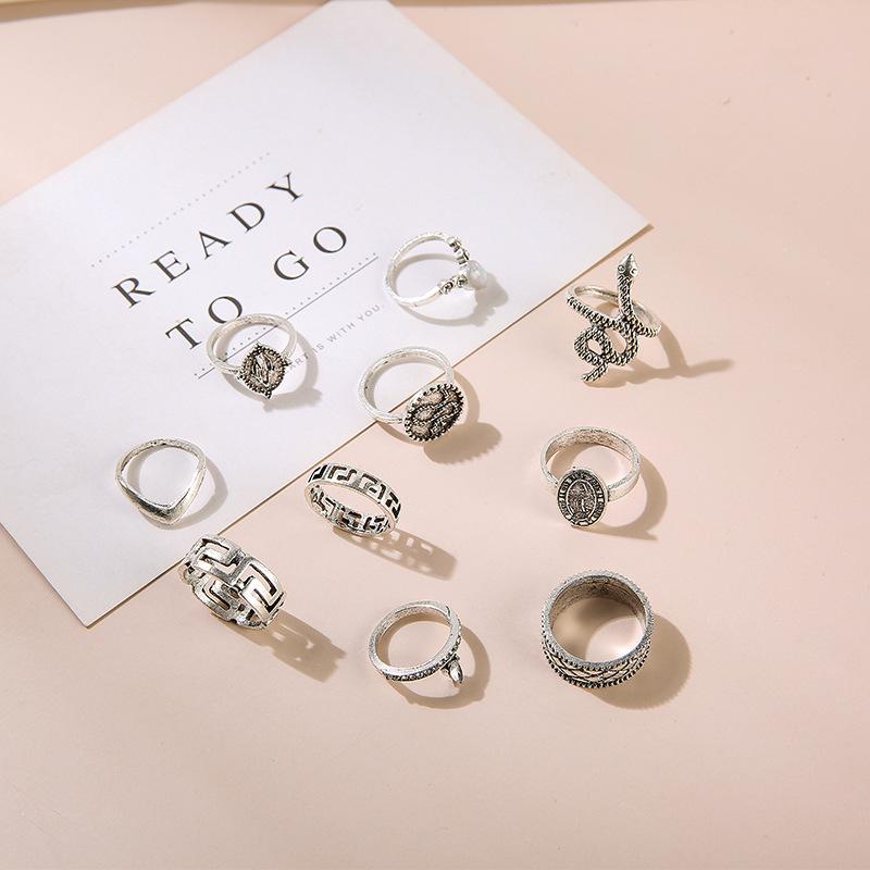 Retro Fashion Personality Exaggerated Engraving Buddha Statue Diamond Snake 10-Piece Ring