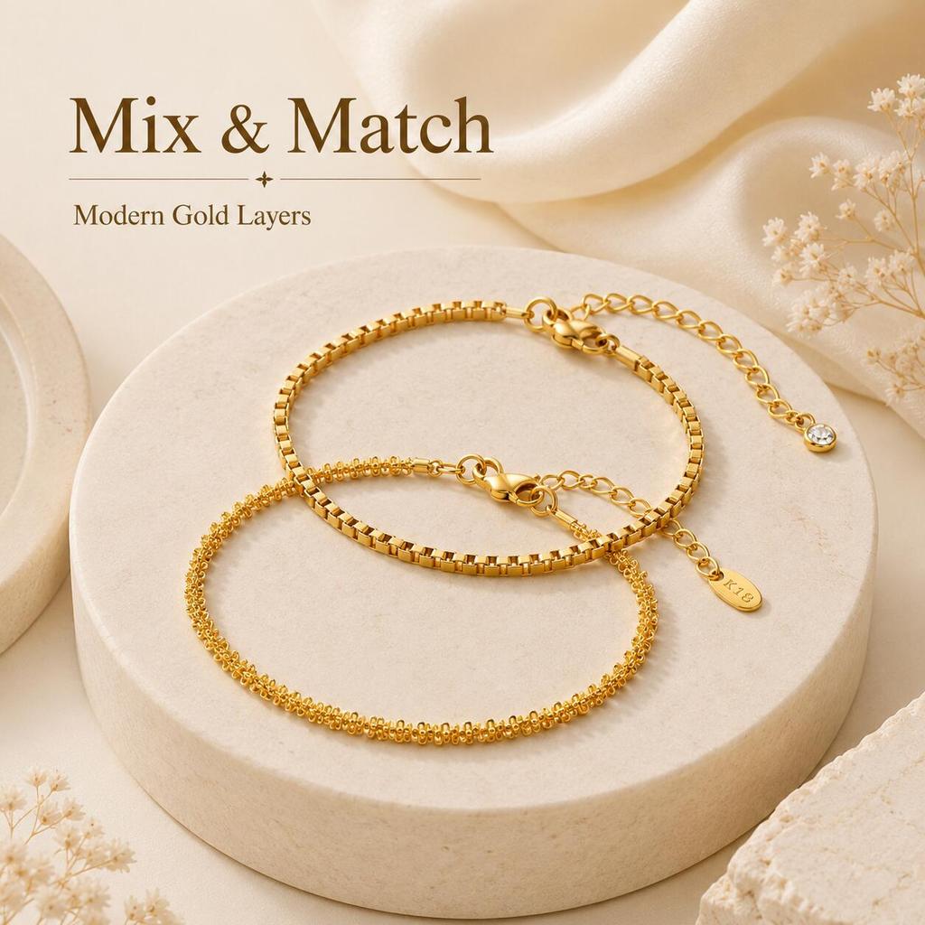 Layered Bracelet for Women, 2PCS Stainless Steel Adjustable Waterproof  PVD Gold Plated Trendy Summer Jewelry