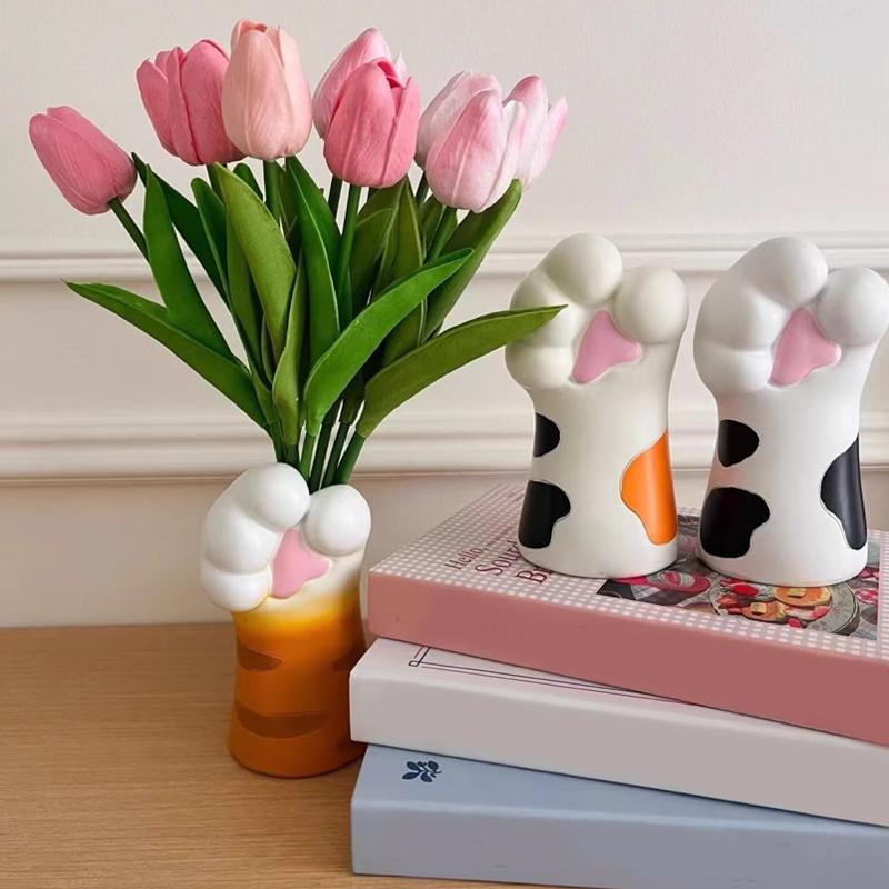 1PC Ornaments Funny Vase Painted Pattern Resin Exquisite Home Decor Cat Lover Gifts Cat's Paw Shape Cute 15.7x7.9x8.2cm